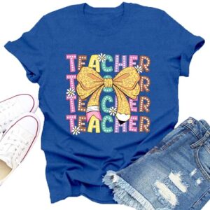 Dabon Teacher Shirts for Women Bow Pencil T-Shirt Teaching Life Tee Tops