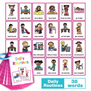 Daily Routine Flash Cards with Metal Ring, 20-Pack, Pink Border, for Morning and Bedtime Activities, Hobby Visual Schedule