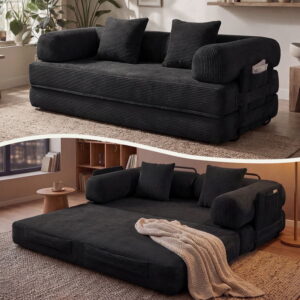 Dateyes Sofa Bed Convertible Boneless Couch Corduroy Modular Couch Bed with Fixed-Shape Frame & Removable Armrests for Living Room, Bedroom Black