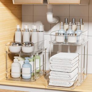 Delamu Bathroom Under Sink Organizers and Storage, 2 Pack, Clear | 2-Tier Multi-Purpose, Stackable, Pull Out Cabinet Kitchen Pantry Organization and Storage with Dividers