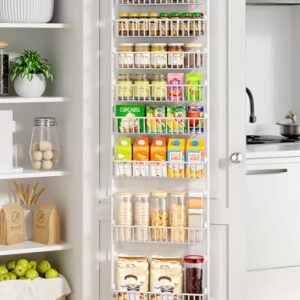 Delamu Over The Door Pantry Organizer, 8-Tier Pantry Door Organizers and Storage with Adjustable Basket, Metal Hanging Spice Rack, Seasoning Organizer, Door Organizer for Home Kitchen Bathroom, White