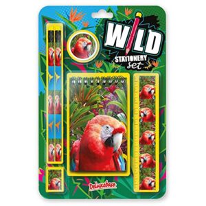 Deluxebase Wild Stationery Set - Parrot from Animal Stationery Sets with 2 Pencils, Eraser, Pencil Sharpener, Ruler & Cute Notebook. Ideal Office Supplies, Desk Accessories & College Essentials.