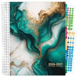 DELUXE TEACHER PLANNER Aug 2026-Jul 2027 8.5x11 Daily Weekly Monthly Organizers with 7 Periods, Pocket Folder, Dated Calendar, Page Tabs, Bookmark and Planning Stickers (Teal Gold Marble)