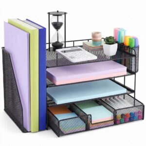 Desk Organizer, 4-Tier Paper Letter Tray with File Holder, Drawer & 2 Pen Holders, Desktop Accessories & Workspace Organizers for Home Office Supplies, Black