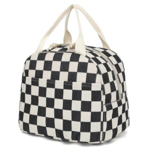Dezcrab Corduroy Lunch Box for Women Girls, Cooler Lunch Bags Reusable Insulated Lunchbox for Picnic School Work Travel (Checkered Black)