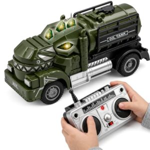 Dinosaur Remote Control Car – RC Dinosaur Truck Army Tanker with Lights | T-Rex tanker design, 2.4GHz remote, 4-way driving, fine-tune control, rubber tires, opening body, LED lights, ages 3+