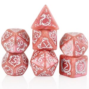 DND Dice Set - 7 Polyhedral Role Playing Dice with Gold Dragon Design, Acrylic D&D Dice Perfect for Dungeons and Dragons, Pathfinder, Warhammer, RPG Games (Pinkish Brown)