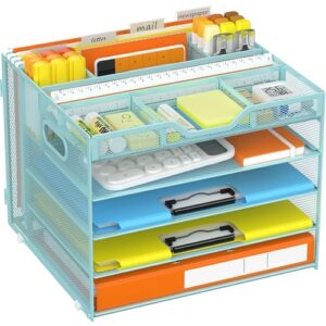Docnest 5 Tier Desk Organizer with Hanging File Folder Holder&Tray, Blue | Features 3 detachable pen holders and 4 removable dividers.Versatile mesh desktop storage for mail, document,office supplie