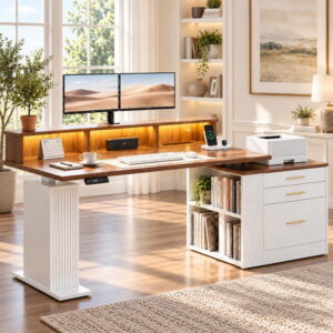 Doyolan Electric Standing Desk with Power Outlets & RGB Light, Sit Stand Computer Desk with Drawers & Storage Hutch, White & Walnut