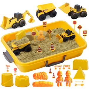 DR.Planzen Play Construction Moving Sand Kit - Sensory Bin with 2lbs Moving Sand 3 Large Construction Trucks,16 Construction Toys & Signs,4 Castle Molds,Sensory Toys for Children