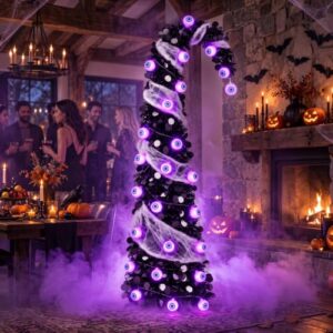 DTNESS 5FT Pop Up Halloween Tree with 35 Purple Eyeball Lights & Spider Web