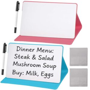 Dunzoom 2 Pcs Portable Small White Board Reusable Dry Erase Board with Stand 9 x 6 Inch Desktop Whiteboard with Markers Wipe Cloths for Office Meeting Home (Pink,Blue)