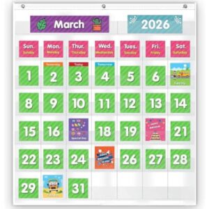 Eamay Classroom Monthly Calendar Pocket Chart with 71 Cards for Kids Learning for Home,White