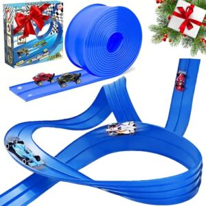Easter Basket Stuffers for Kids - Flex Tracks 16.4 Ft Starter Set Flexible Race Track for Kids, Race Car Ramp Track Compatible with Hot Wheels and Diecast 1/64th Cars with Strong Suction Cups (Blue)