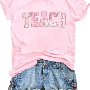 Eatbook Teacher Shirts for Women Happy Back to School Teach Shirt Gifts | Back To School Teacher Shirts,Teach Them Letter Print,First Day of School Shirts,T-Shirts For Teachers of All Grades Pink 2XL