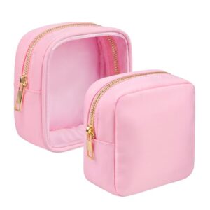 Ebbniur Makeup Bag for Purse 2 Pcs Small Nylon Zipper Pouch Mini Travel Cosmetic Bag Clear Toiletry Bags for Traveling Cute Makeup Organizer for Women (1pc pink clear + 1pc pink nylon)