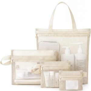 Eccliy Beige 4 Pack Mesh Shower Caddy Set Large Portable Mesh Shower Bag with 3 Organizer Pouches Caddy with Zipper for Women Bag Summer Essentials for Bathroom Dorm Room Travel Camp Beach Essential