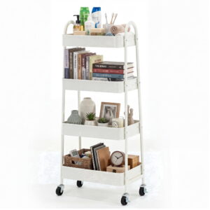 EDX 4-Tier Rolling Cart, 132 lbs Metal Utility Cart Storage Organizer with Lockable Casters, Multi-Functional Mesh Rolling Storage Cart for Kitchen Office, White
