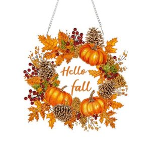 Eiflow DIY Acrylic Diamond Art Hanging Kit for Adults Hello Fall Wreath | DIY Painting Board Kit, Special Crystal Diamonds&Gems, Window/Wall/Door/Porch Pendant Ornament