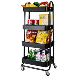 elabo 4-Tier Metal Mesh Utility Rolling Cart, Storage Organizer Trolley Services Cart with Lockable Wheels for Kitchen, Bathroom, Living Room (Black)
