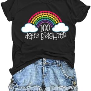 ELDSP Women 100 Days of School Shirt: 100 Days Brighter T-Shirt Teach Print Tshirt 100 Days Teacher Gift Tops Black