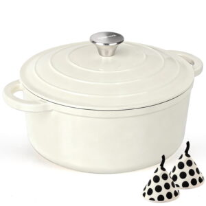 Enameled Cast Iron Dutch Oven, TAIMASI 5QT Dutch Oven Pot with Lid & Cotton Potholders, Heavy-Duty Cookware for Braising, Stews, Roasting, Bread Baking, All Stovetop Compatible (Cream White)