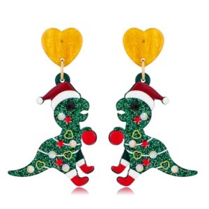 ENSKEFEN Cute Dinosaur Christmas Earrings for Women Glitter Acrylic Green Dinosaur Earrings Heart Xmas Earring New Year Party Jewelry