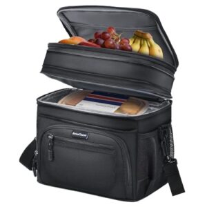 ExtraCharm Lunch Box for Men/Women Adults - Insulated Large Double Deck Leakproof Expandable Lunch Bag with Adjustable Shoulder Strap, Heavy Duty Cooler Bag for Work Camping Picnic (Black)