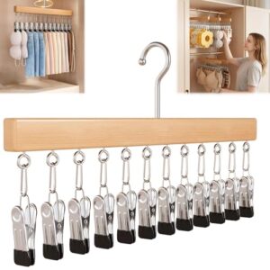 EYDHCN Pure Wood Rotating Closet Organizer with 12 Clips, Legging Hangers for Closet Organizer- 360 Rotating Metal Clips with Silicone Lining, Space Saving Hanging for Jeans Skirts Socks (1)