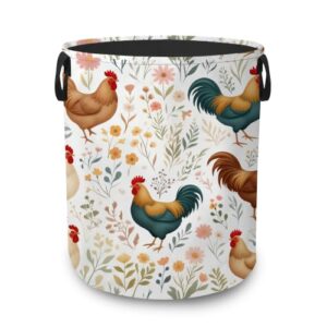 Farm Chicken Floral Dirty Clothes Hamper,Foldable Laundry Basket with Handles,Farmhouse Rooster Waterproof Oxford Cloth Storage Bin for Bedroom Bathroom Nursery,16 x 20 Inch