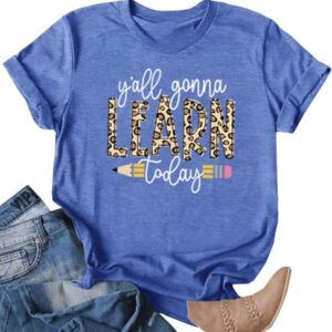 FCGHSII Teacher T Shirt for Women: Leopard Learning Teach T-Shirts | Teaching Gifts for Teacher, Funny Graphic Tees, Elementary School Teacher Outfis, Wear for Working or Office