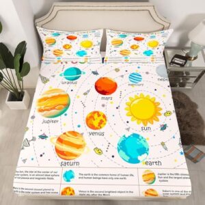 Feelyou Solar System Fitted Sheet Queen, Outer Space Bedding Set Educational Bed Sheet Set for Kids Planet Solar System Bed Cover Lightweight Bed Set (No Flat Sheet)