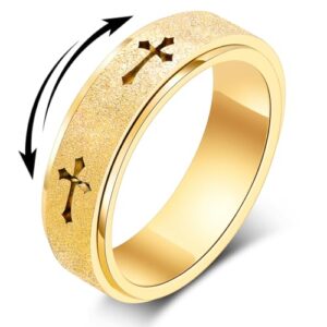 Fidget Toys Adults Spinner Women, Cross Anxiety Relief Stainless Steel Dual Layers Thumb Jewelry Spinning Band Silver Gold Plated Size 6 7 8 9 10 (Gold-Cross, Size 10)