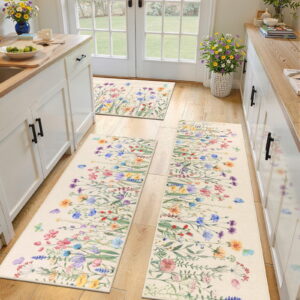 Findosom Floral Non-Slip Kitchen Rugs Set of 3,Washable Kitchen Mat Farmhouse Kitchen Floor Mats Runner for Home Sink Entrance Laundry Hallway,20"x32"+20"x47"+20"x59" Beige
