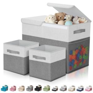 Fiwochic 3 Pack Large Toy Box Storage Organizer Set, Grey White | 23 Inch Fabric Toy Chest with 2 Cube Bins, Collapsible Organizer for Playroom Classroom Nursery, Stores Clothes Books Toys