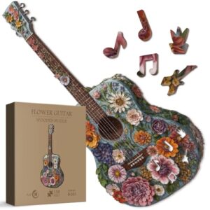 Flower Guitar Wooden Puzzle for Adults 150 Pieces, Colorful Floral Wood Puzzle for Adults, Unique Shaped Music Puzzle 150 Pieces