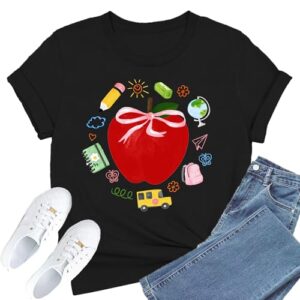 FlowFem Teacher Shirts for Women Cute Apple Bowknot Pencil Tee Teach Teaching Life Tops Back to School T-Shirt Black