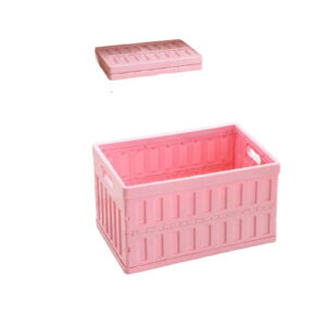 Foldable Plastic Storage Crate Stackable Organizer Bin, Portable Desktop Storage Basket with Handles for Home Sundries Organization, Pink