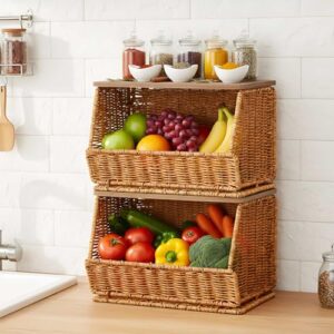 FoldTier 2 Pcs Stackable Wicker Fruit Basket with Wood Lid for Kitchen Desk | Counter Organizer for Produce Storage, Natural Woven with Removable Lids, Space Saving Stackable Wall Mounted Hanging Design