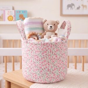 FoldTier Pink Quilted Fabric Storage Baskets with Handles Boho Floral