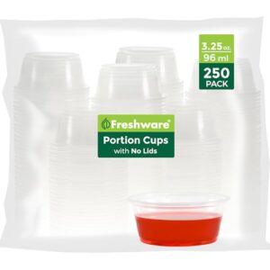 Freshware 3.25 oz Jello Shot Cups, Plastic Portion Cups, No Lids, 250 Count | Small Clear Plastic Cups for Sauce, Condiment, Salad Dressing, Souffle, Samples, Stackable, BPA Free, Lids Not Included