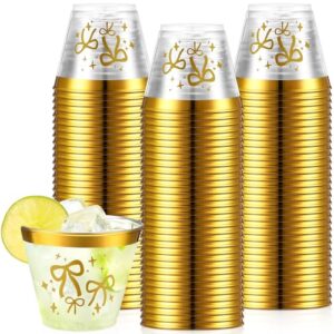 Funnymoom 25 Pcs 9 oz Bow Cups Plastic Bow Party Decorations, Gold | Hard Plastic Cups, Clear Cups for Girl Women, Birthday Bridal Engagement, Baby Shower Wedding Bachelorette Party Supplies
