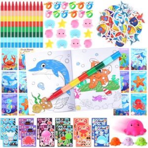 Funrous 122 Pcs Under The Sea Party Favor Ocean Animals Party Coloring Book | Under The Sea Stationery Set Party Favors with Crayons Bulk DIY Sticker Octopus Pull Back Car Goodie Bag Gift Reward Supplies