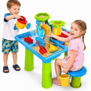 FVLOENG Sand and Water Table for Toddlers 1-3 with Stool, Kids Sensory Activity Table for Water, Sand & Snow Play, Outdoor Backyard Beach Toy, Blue