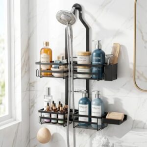 Gabeeriso Shower Caddy Hanging Overhead, Adjustable Organizer, Black