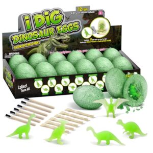 Gamerside Dino Eggs Dig Kit, 12 Glow-in-the-Dark Dinos &12 Digging Tools