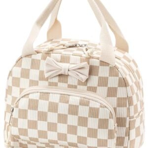 GASSDA Lunch Box for Women Insulated Lunch Bag Women Cute Reusable Corduroy Leak Proof Lightweight Cooler Tote with Front Pocket for Work Picnic Trave (Beige-Brown Plaid)