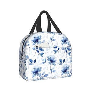 Giwawa Blue Floral Insulated Lunch Bag Flower Leaf Reusable Lunch Box Cooler Thermal Waterproof Tote Bag for Travel School Hiking Picnic