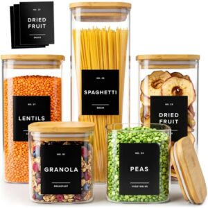 Glass Pantry Storage Jars Containers with Bamboo Lids and Labels - Set of 5 | Extra Thick Square Glass Canisters with Bamboo Wood Lids and 54 Pre-printed Pantry Labels keeps dry Goods Fresh and Organized