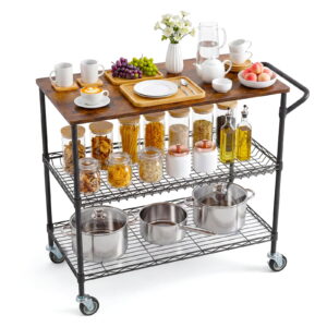 GOCAPTAIN 3-Tier 550lbs Utility Cart Rolling Storage Trolley – Heavy Duty Metal Cart with Wood Top, 360° Lockable Wheels, 10 Hooks & 2 Shelf Liners – for Office, Kitchen, Warehouse, Black Tube